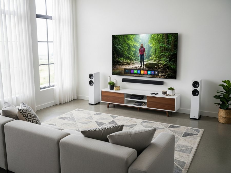Sala moderna con pantalla inteligente y equipo de sonido