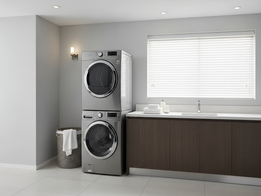 Lavadora y secadora en cuarto de lavado moderno